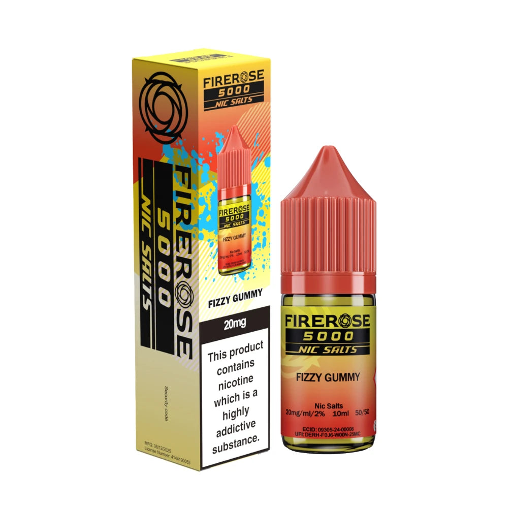 Elux Firerose 5000 nic salt e-liquid bottle in "Fizzy Gummy" flavour with colourful packaging on a white background.
