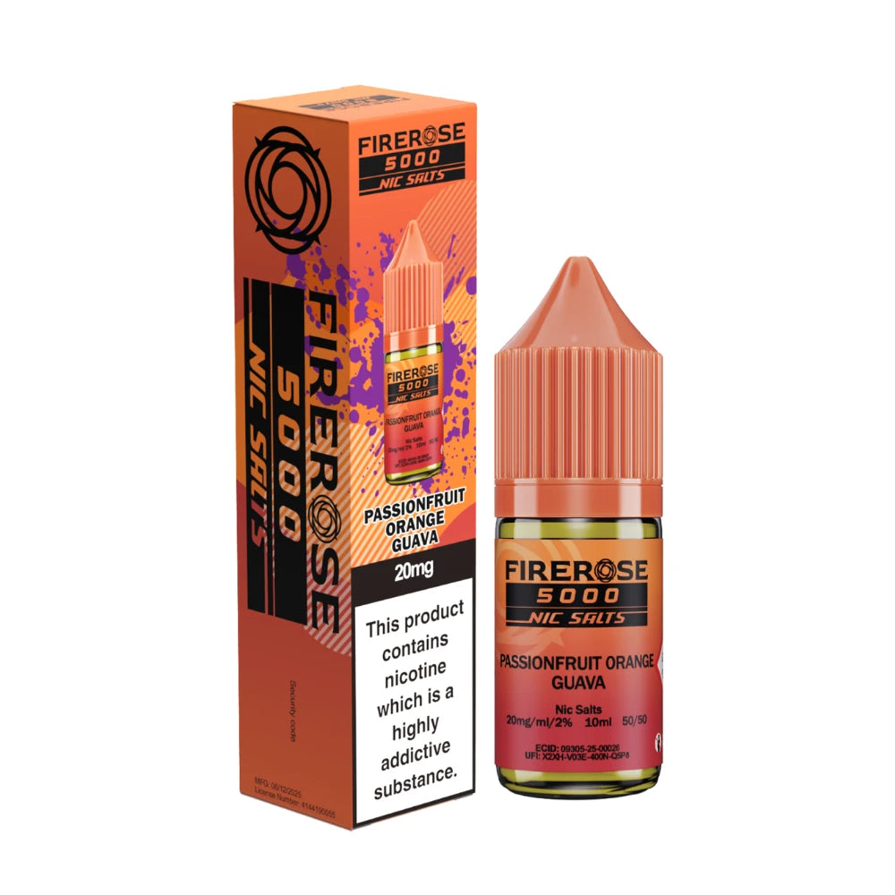 Elux Firerose 5000 nic salt e-liquid bottle in "Passionfruit Orange Guava" flavour with colourful packaging on a white background.