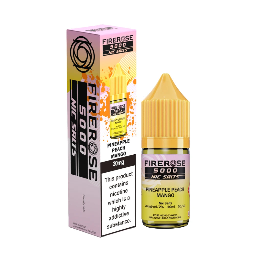 Elux Firerose 5000 nic salt e-liquid bottle in "Pineapple Peach Mango" flavour with colourful packaging on a white background.