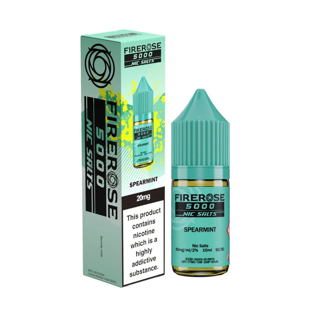 Elux Firerose 5000 nic salt e-liquid bottle in "Spearmint" flavour with colourful packaging on a white background.