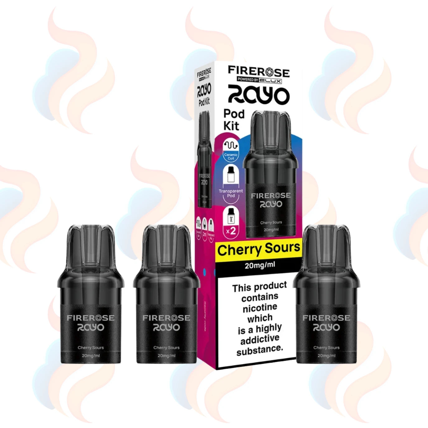 Three Elux Firerose Rayo refills on a white background with UK Vape Supply Logo