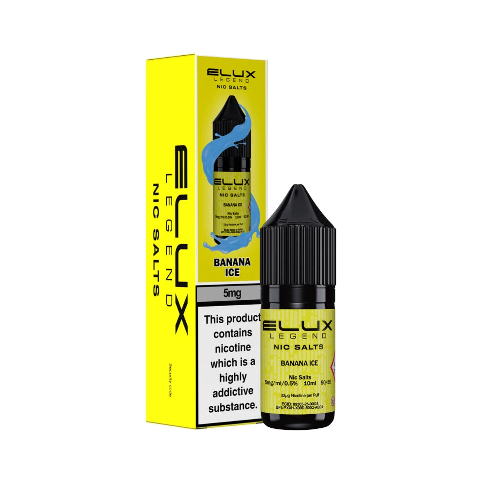 Elux Legend 5mg Nic Salts Banana Ice vape juice bottle and packaging on a white background