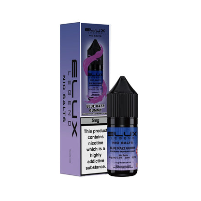 Elux Legend 5mg Nic Salts Blue Razz Gummy vape juice bottle and packaging on a white background