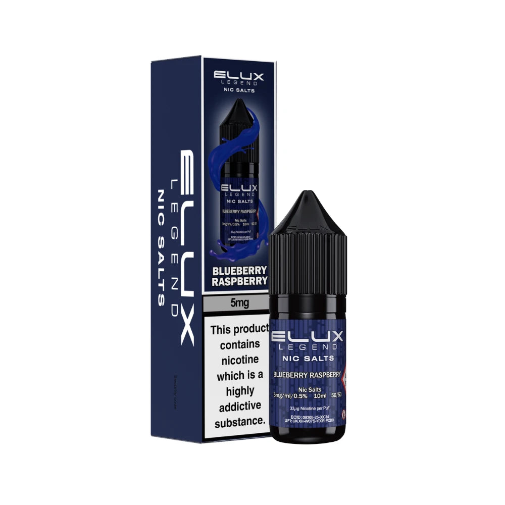 Elux Legend 5mg nic salts Blueberry Raspberry vape juice bottle and packaging on a white background