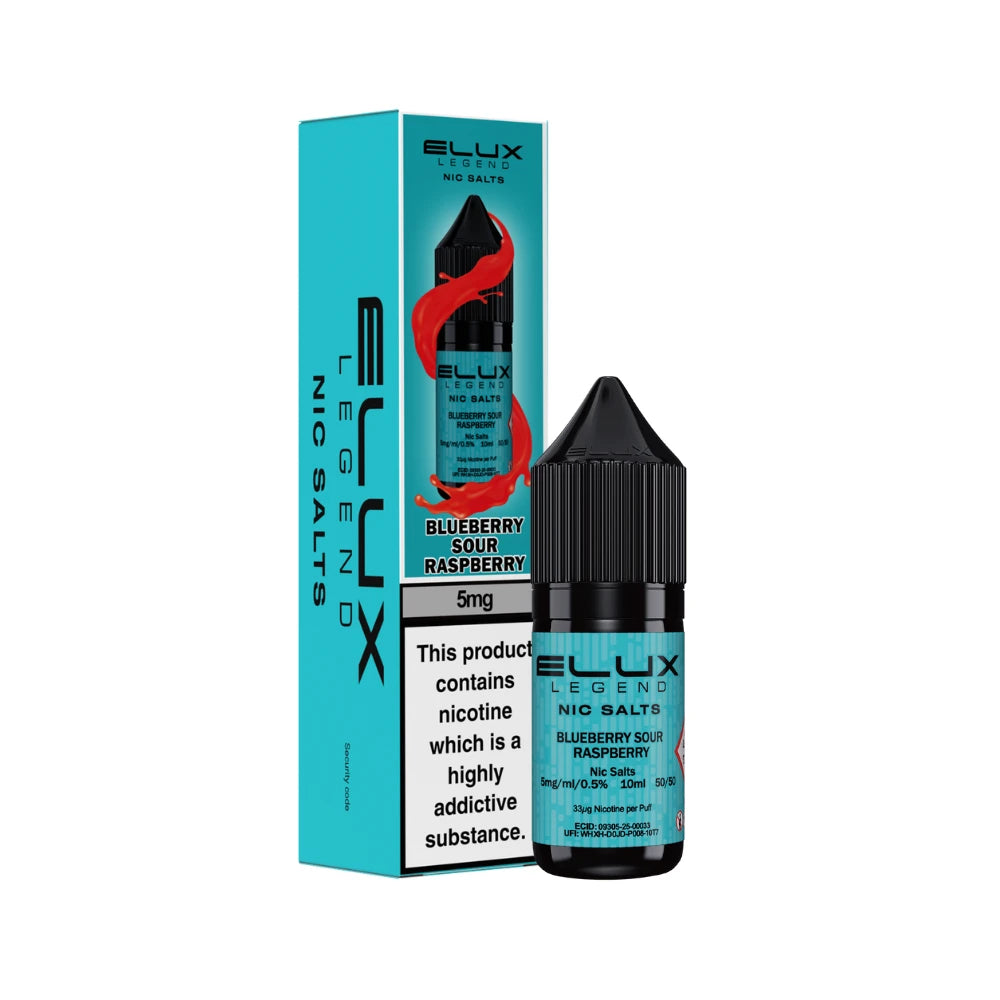 Elux Legend 5mg Nic Salts Blueberry Sour Raspberry bottle and packaging on a white background