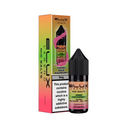 Elux Legend 5mg Nic Salts Cherry Sour Raspberry vape juice bottle and packaging on a white background