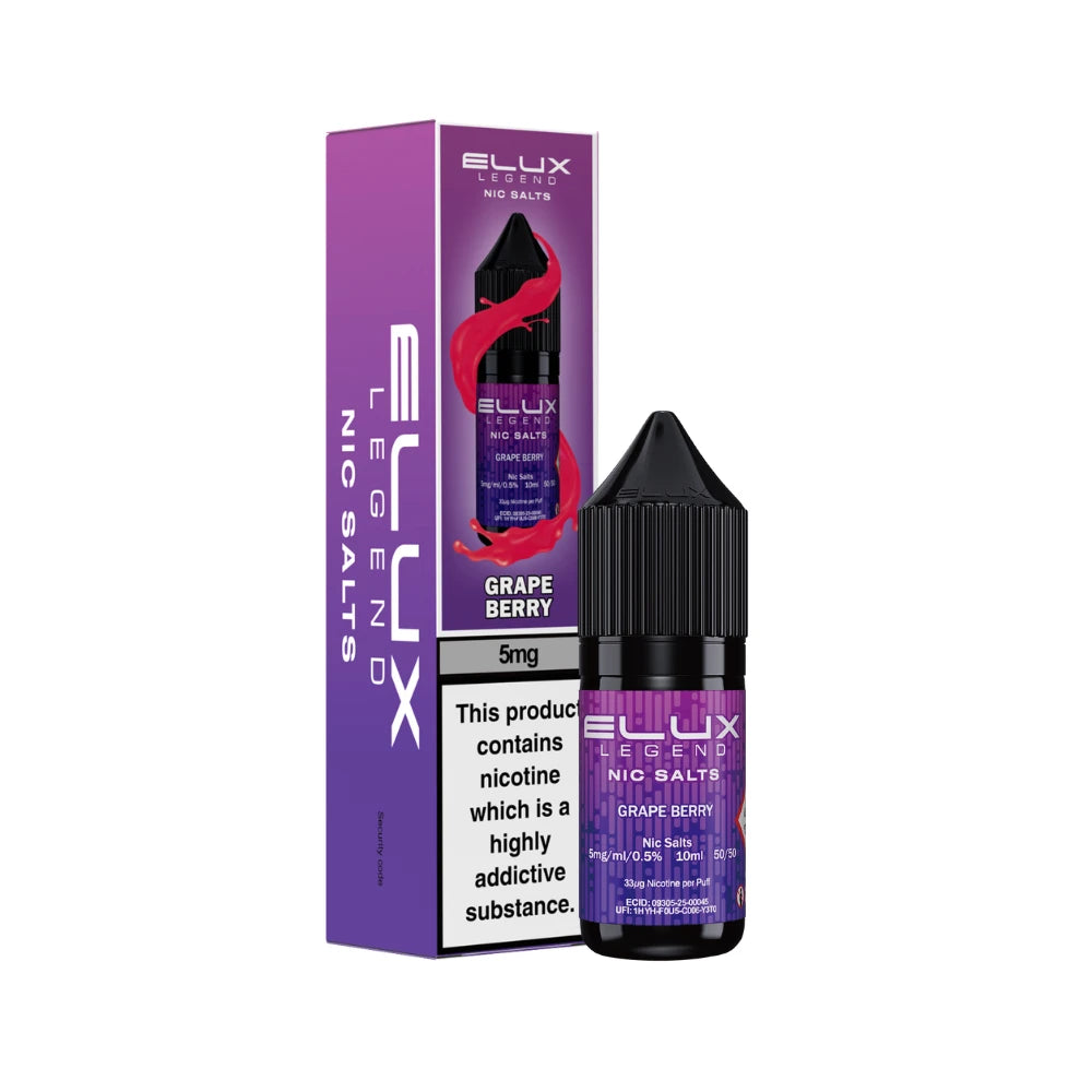 Elux Legend 5mg Nic Salts Grape Berry vape juice bottle and packaging on a white background