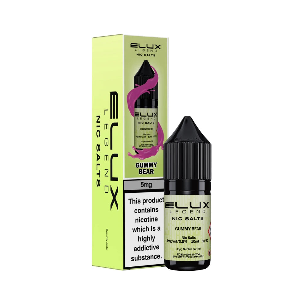 Elux Legend 5mg Nic Salts Gummy Bear vape juice bottle and packaging on a white background
