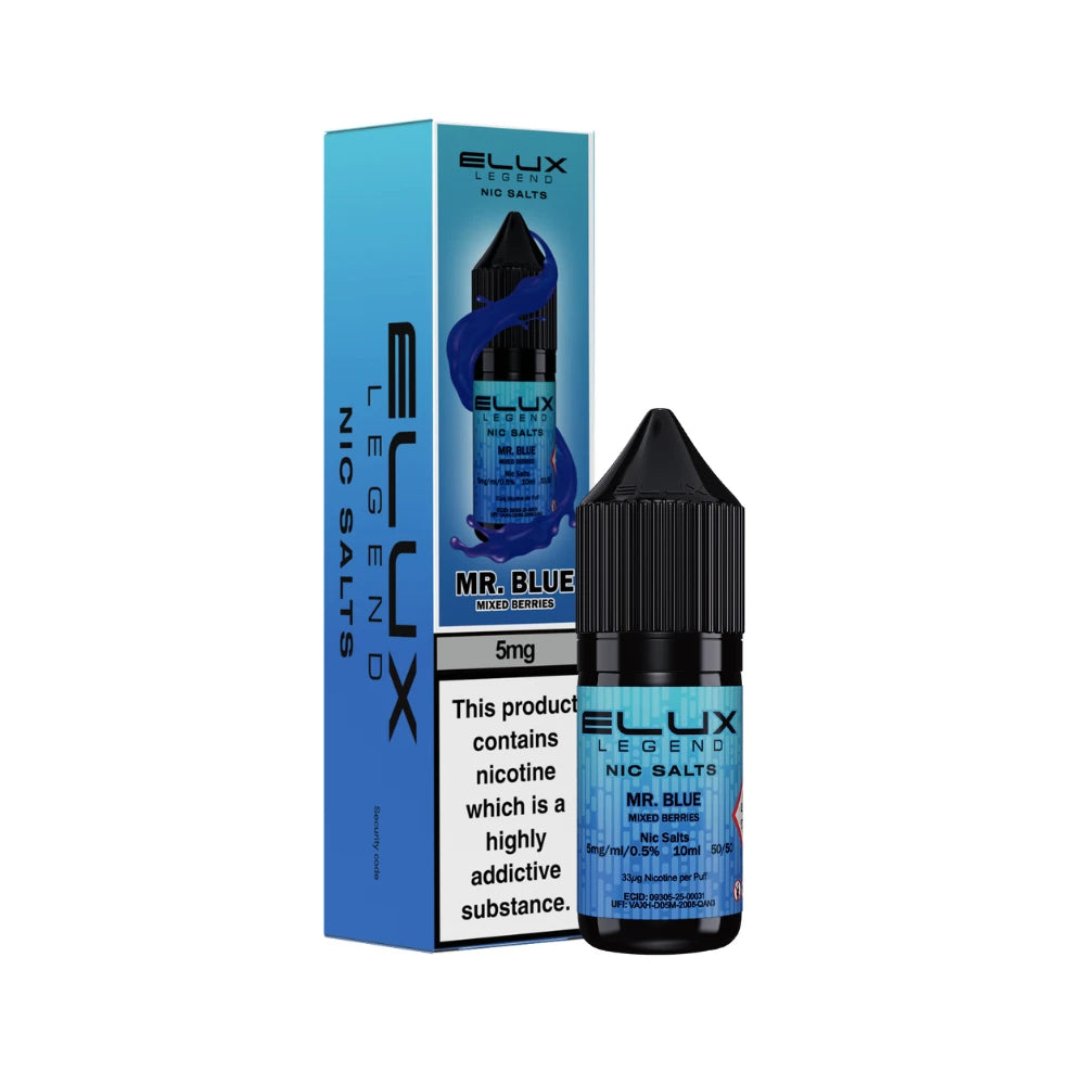 Elux Legend 5mg Nic Salts Mr. Blue e-liquid bottle and packaging on a white background