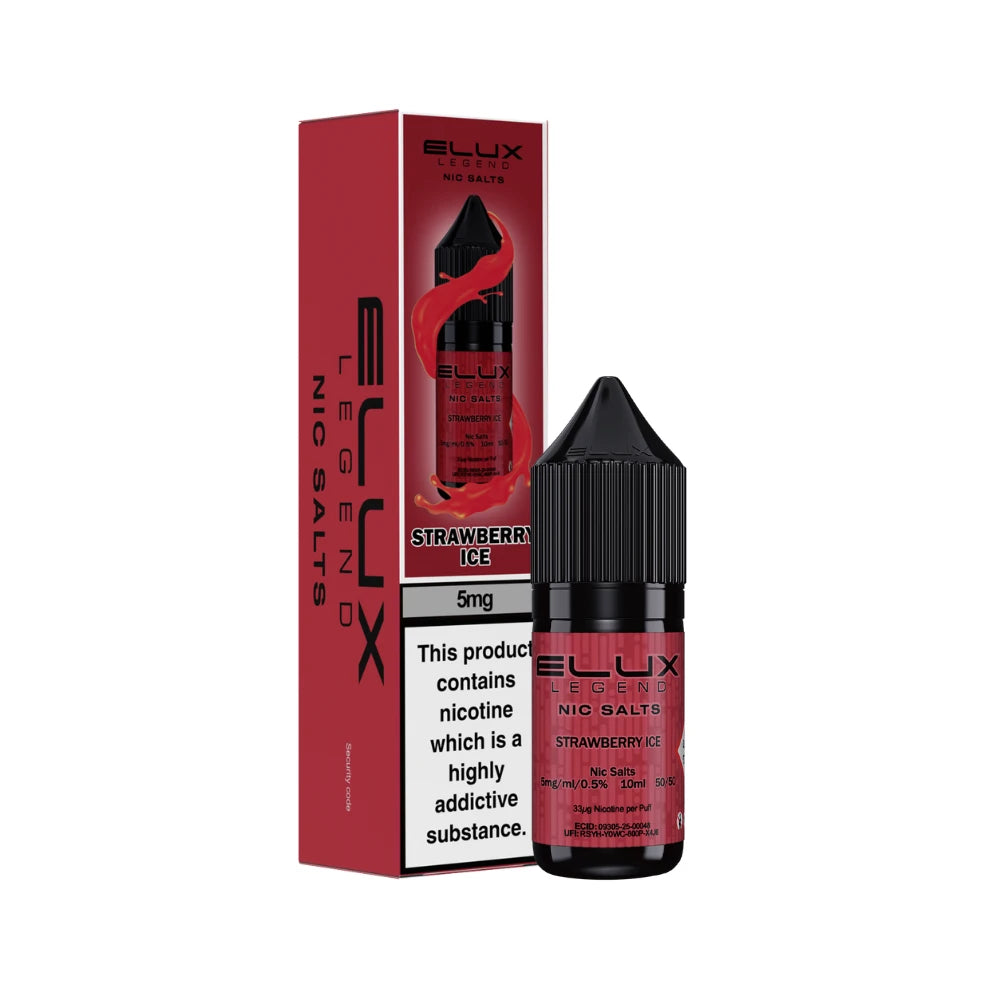 Elux Legend 5mg Nic Salts Strawberry Ice vape juice bottle and packaging on a white background