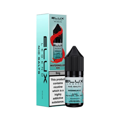Elux Legend 5mg Nic Salts watermelon ice vape juice bottle and packaging on a white background