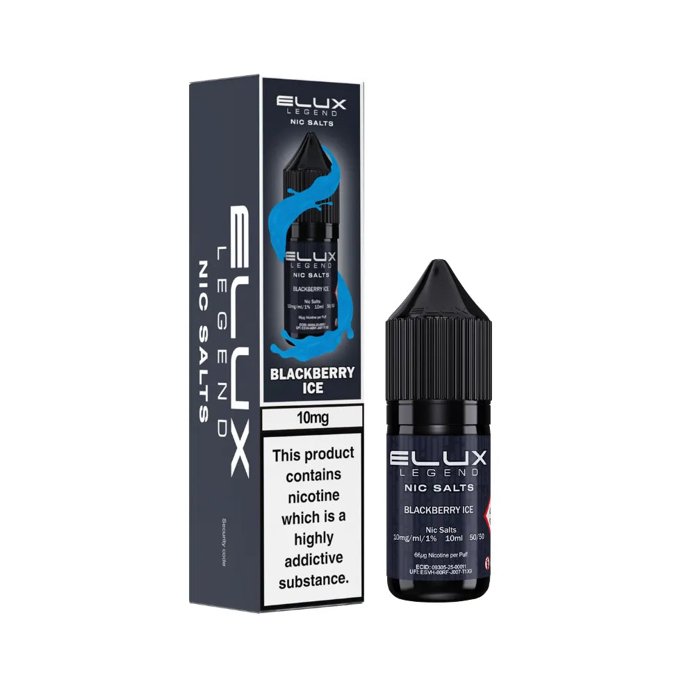 Elux Legend Nic Salts Blackberry Ice vape juice bottle and packaging on a white background