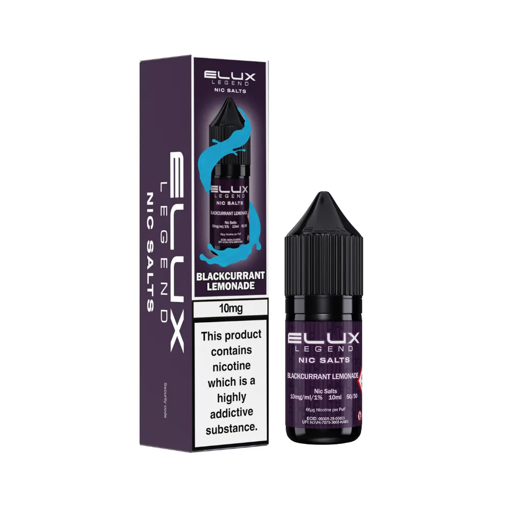 Elux Legend Nic Salts Blackcurrant Lemonade bottle and packaging on a white background