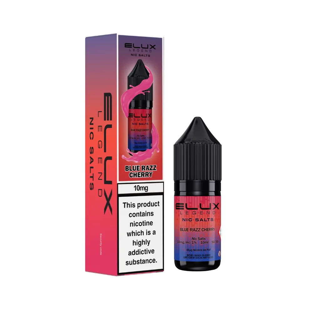 Elux Legend Nic Salts Blue Razz Cherry vape juice bottle and packaging on a white background