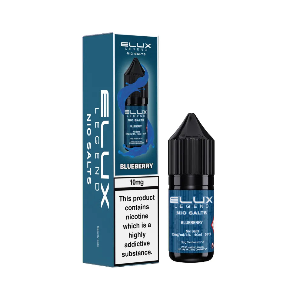 Elux Legend Nic Salts Blueberry vape juice bottle and packaging on a white background