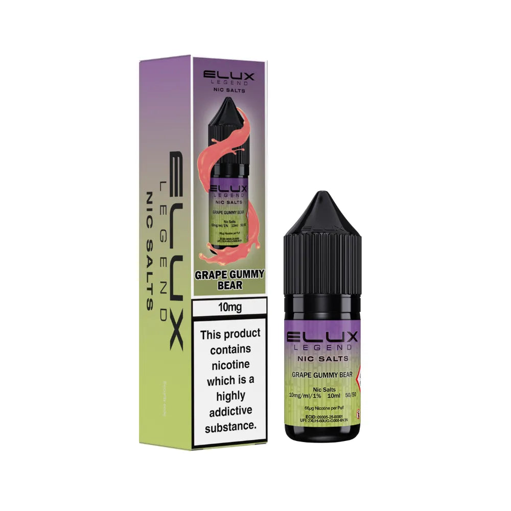 Elux Legend Nic Salts Grape Gummy Bear vape juice bottle and packaging on a white background