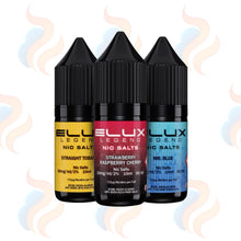 Three Elux Legend Salts 10mg & 20mg E-liquids on a white background with UK Vape Supply Logo