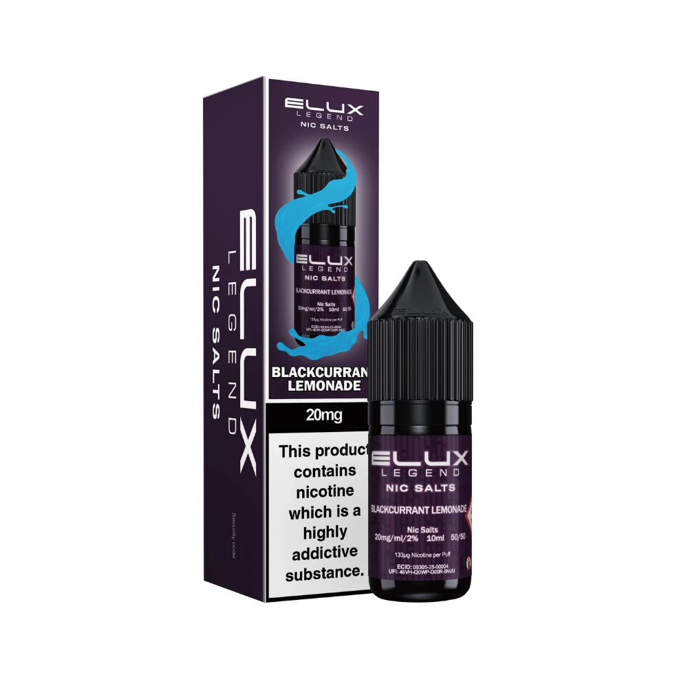 Elux Legend Nic Salts Blackcurrant Lemonade bottle and packaging on a white background