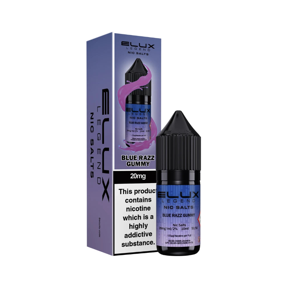 Elux Legend Nic Salts Blue Razz Gummy vape juice bottle and packaging on a white background