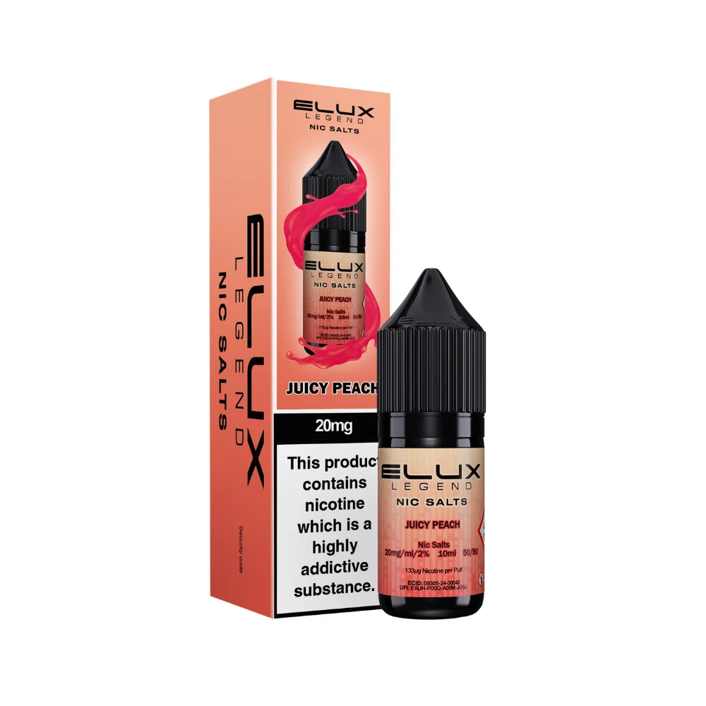 Elux Nic Salts Juicy Peach e-liquid bottle and packaging on a white background