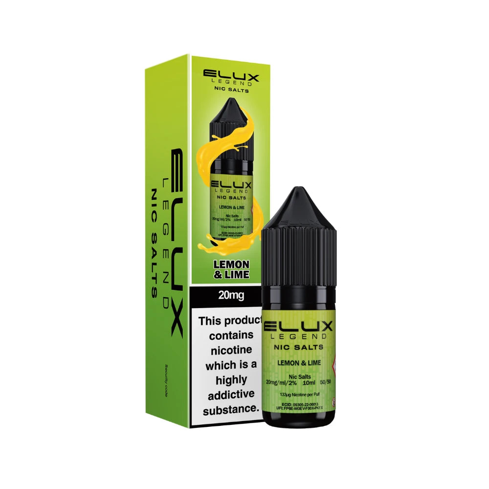 Elux Legend Nic Salts Lemon & Lime vape juice bottle and packaging on a white background