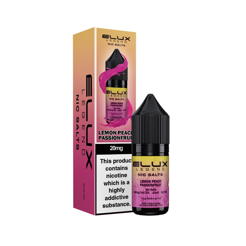 Elux Legend Nic Salts Lemon Peach Passionfruit vape juice bottle and packaging on a white background