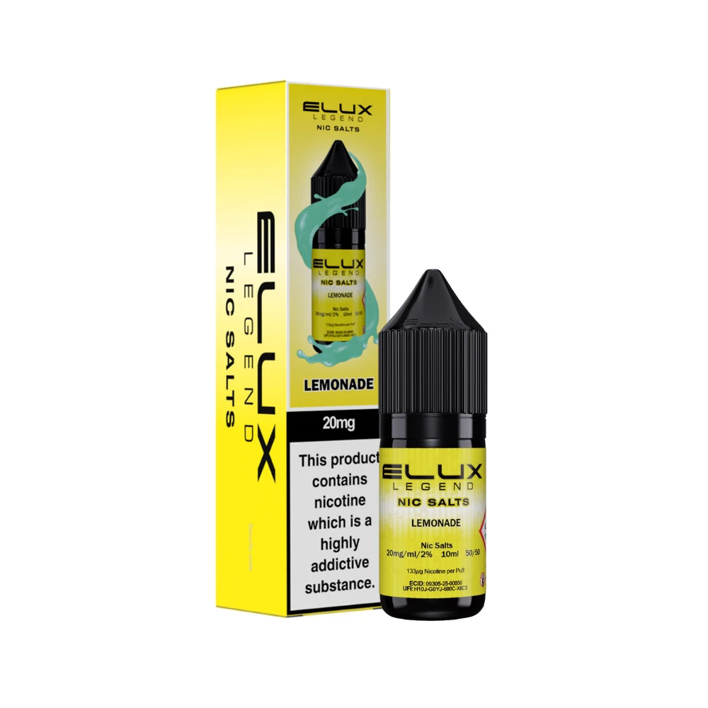 Elux Legend Nic Salts Lemonade vape juice bottle and packaging on a white background