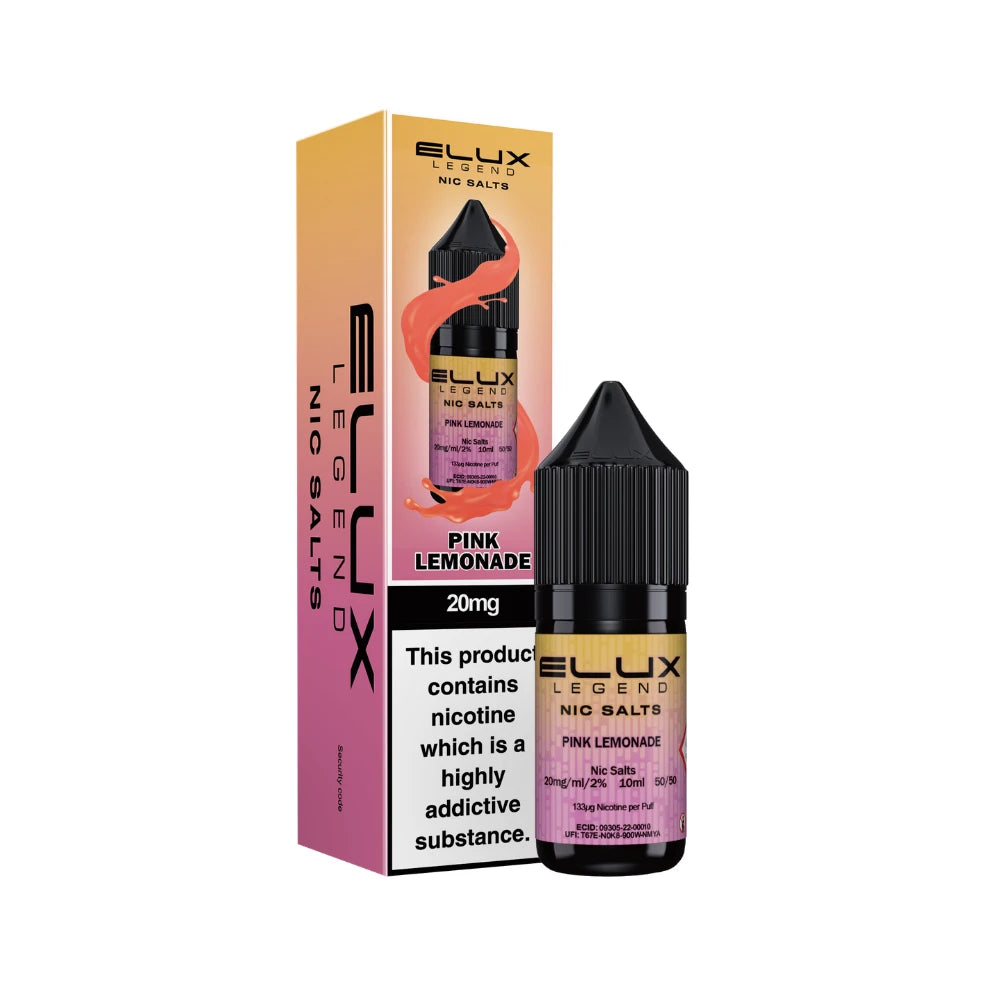 Elux Legend Nic Salts Pink Lemonade e-liquid bottle and packaging on a white background