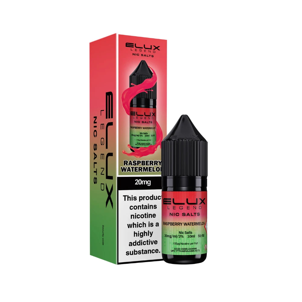 Elux Legend Nic Salts Raspberry Watermelon vape juice bottle and packaging on a white background