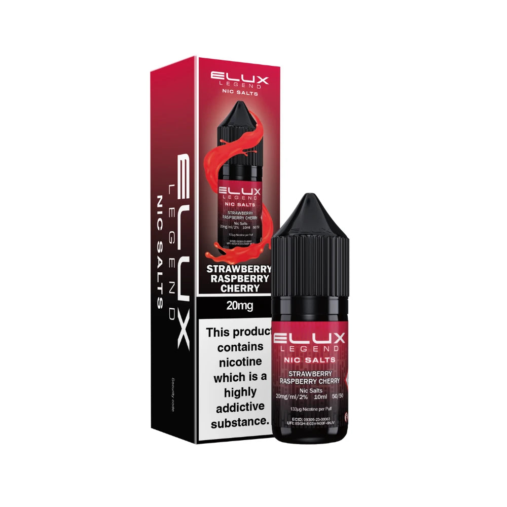 Elux Legend Nic Salts Strawberry Raspberry Cherry e-liquid bottle and packaging on a white background