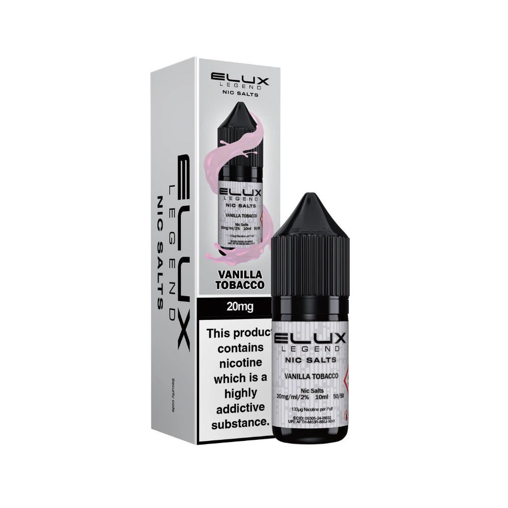 Elux Legend Nic Salts Vanilla Tobacco e-liquid bottle and packaging on a white background