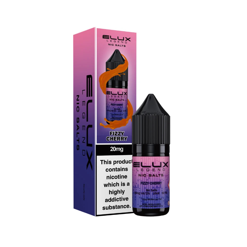 Elux Legend Nic Salts Fizzy Cherry vape juice bottle and packaging on a white background