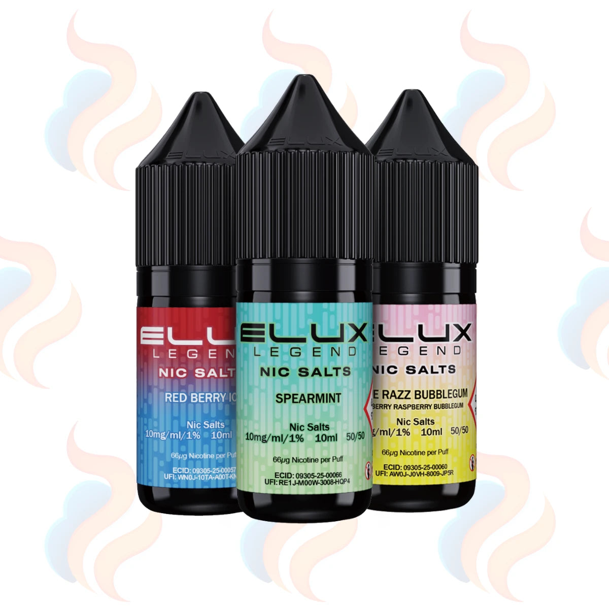 Three bottles of Elux Legend Nic Salts on a white background with colourful smoke effects.