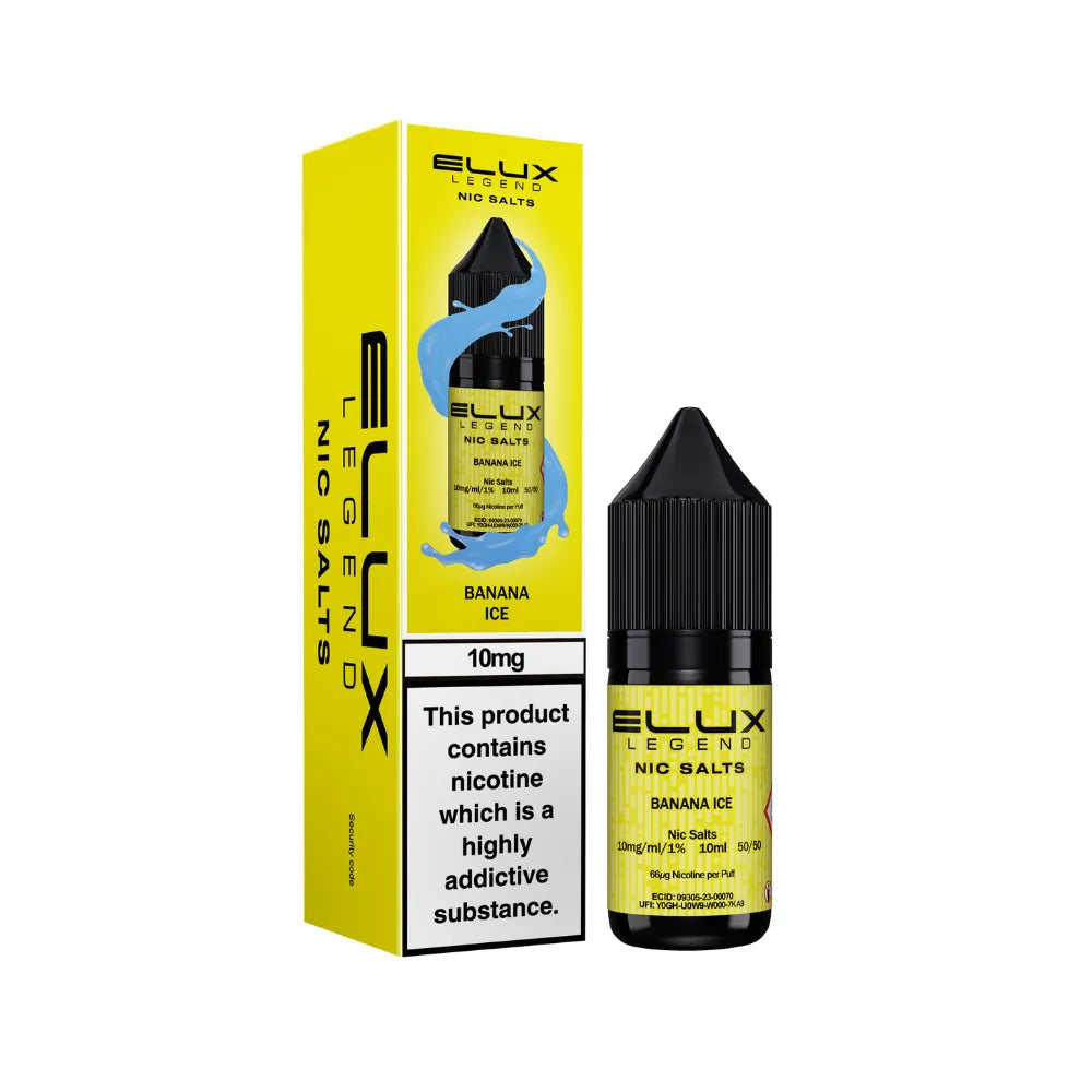 Elux Legend Nic Salts Banana Ice e-liquid bottle and packaging on a white background