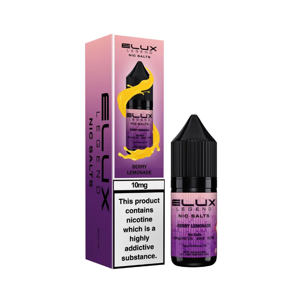 Elux Legend Nic Salts Berry Lemonade vape juice bottle and packaging on a white background