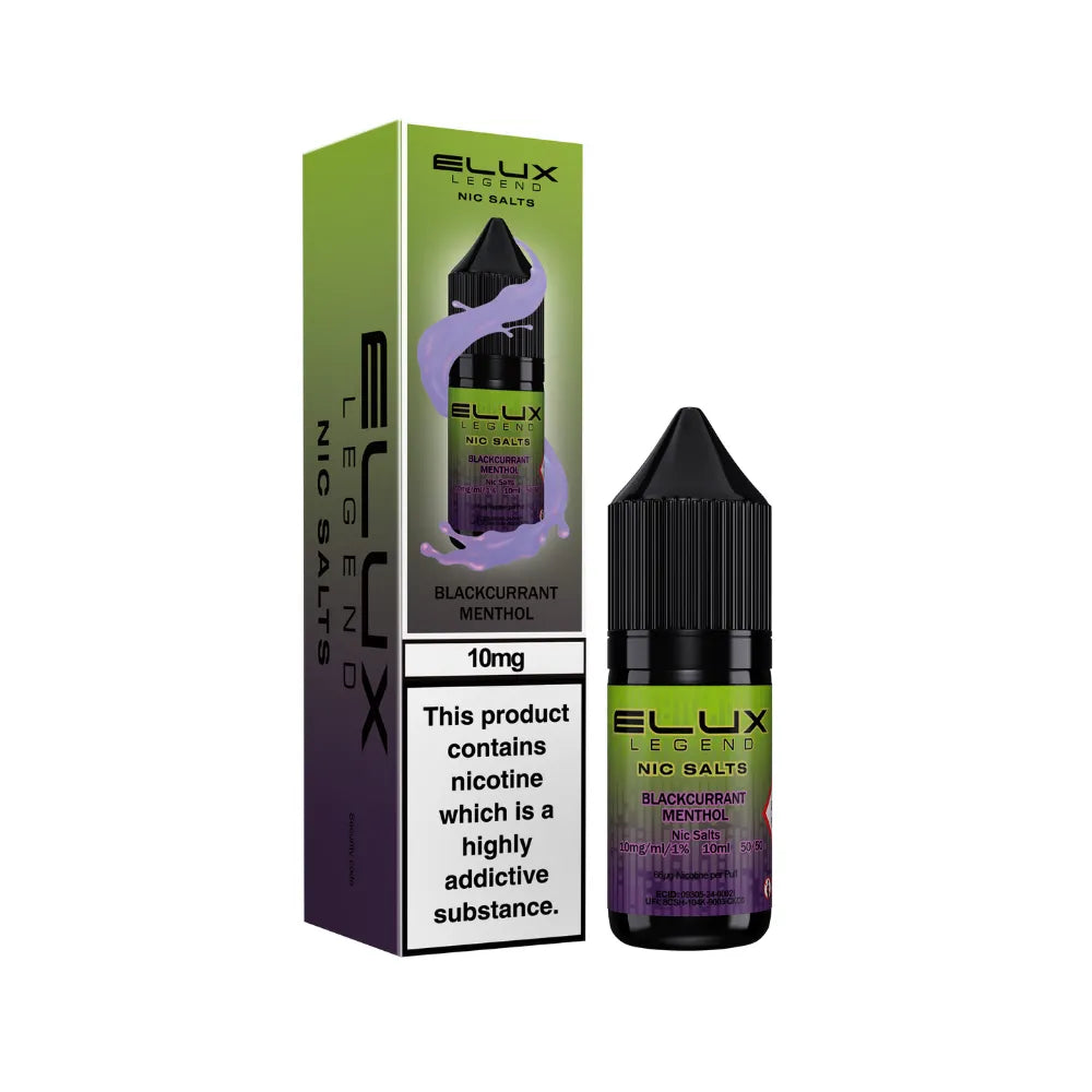 Elux Legend Nic Salts Blackcurrant Menthol bottle and packaging on a white background