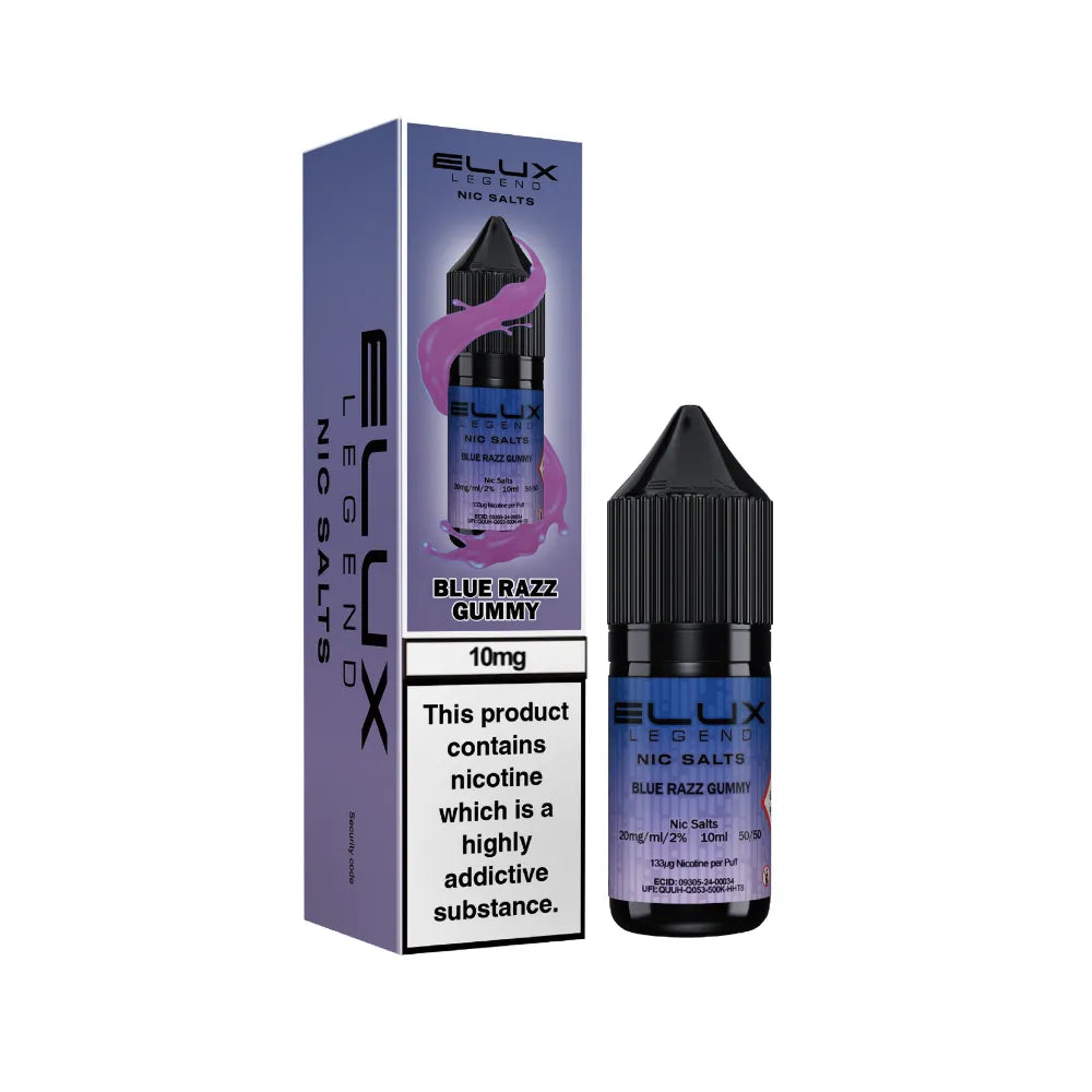 Elux vape juice blue razz gummy bottle and packaging on a white background