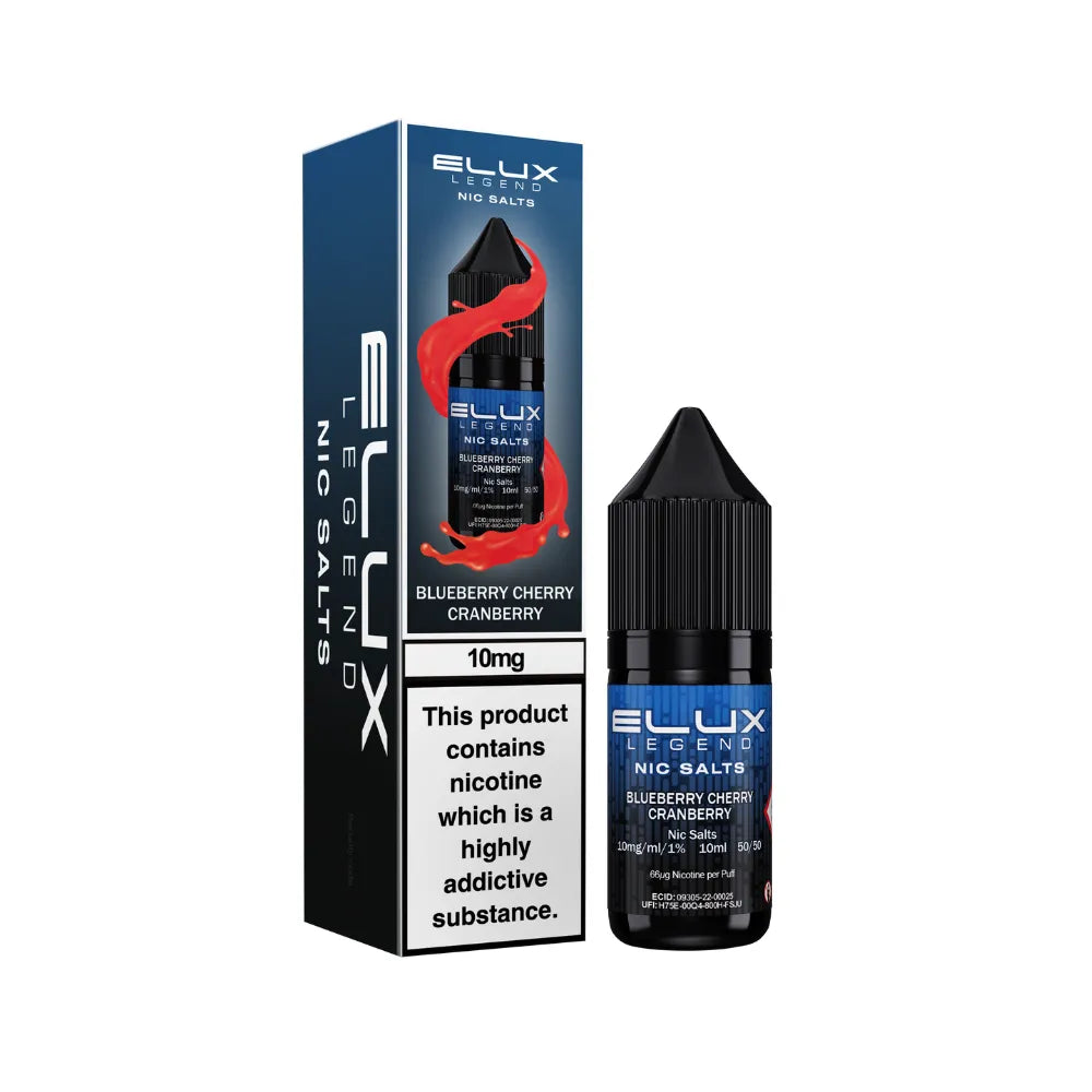 Ellux Legend Nic Salts Blueberry Cherry Cranberry vape juice packaging on a white background
