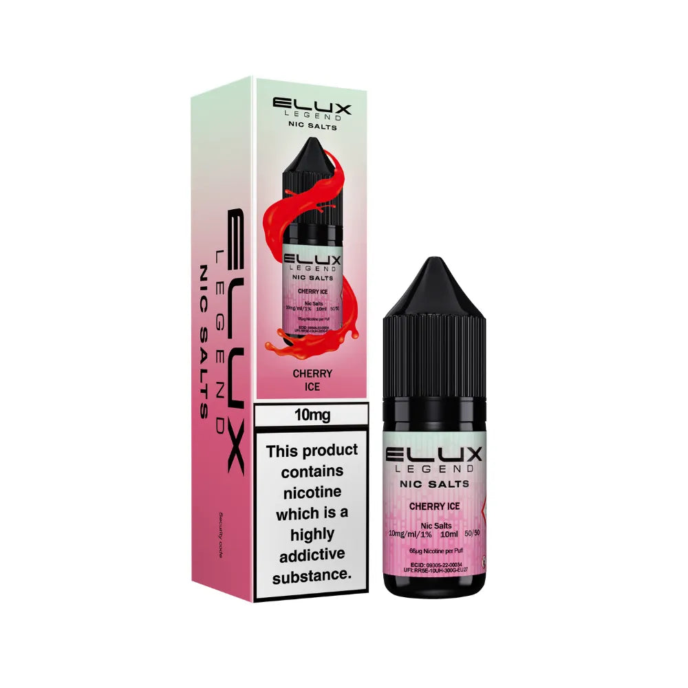 Elux Legend Nic Salts Cherry Ice vape juice bottle and packaging on a white background