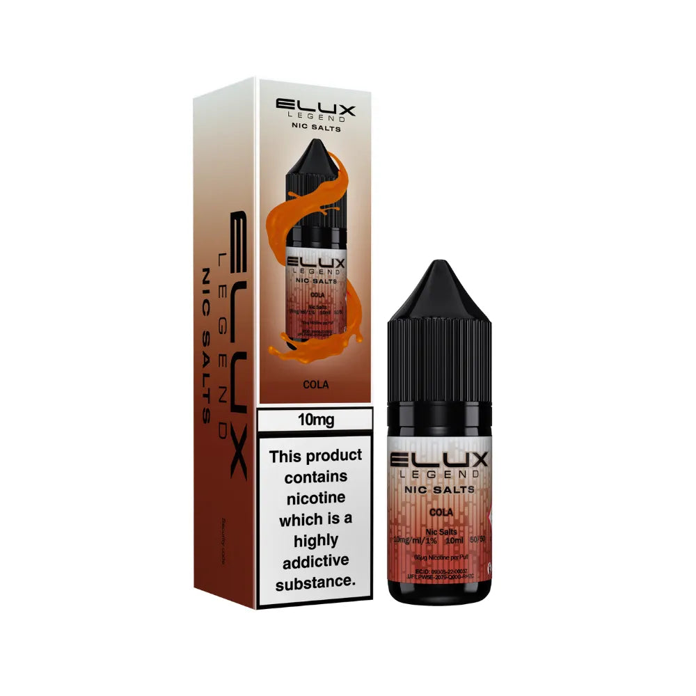 Elux Legend Nic Salts Cola vape juice packaging on a white background