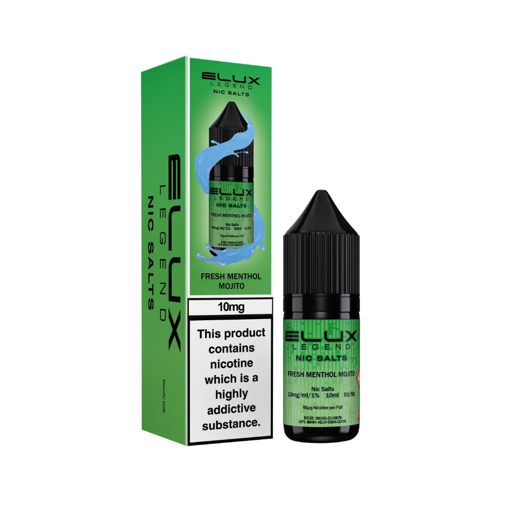 Elux vape juice fresh menthol mojito bottle and packaging on a white background