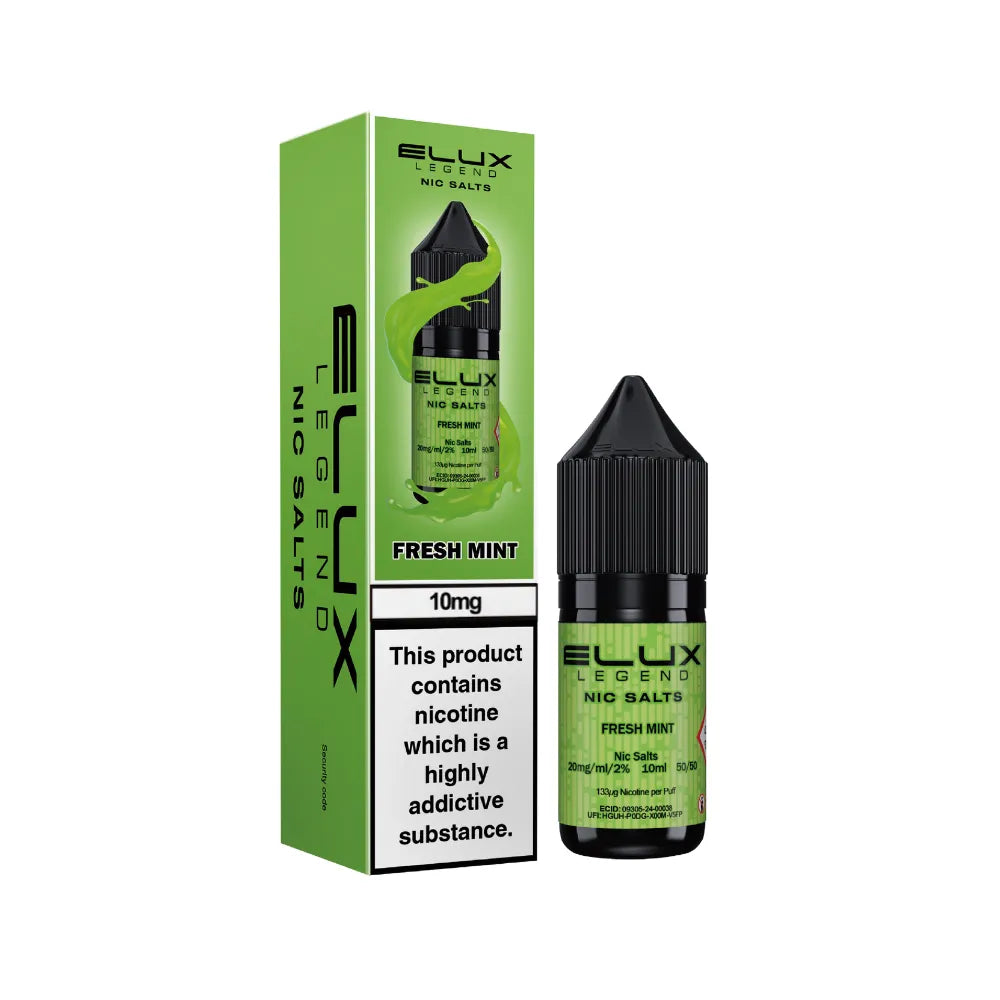 Elux Legend Nic Salts Fresh Mint vape juice bottle and packaging on a white background