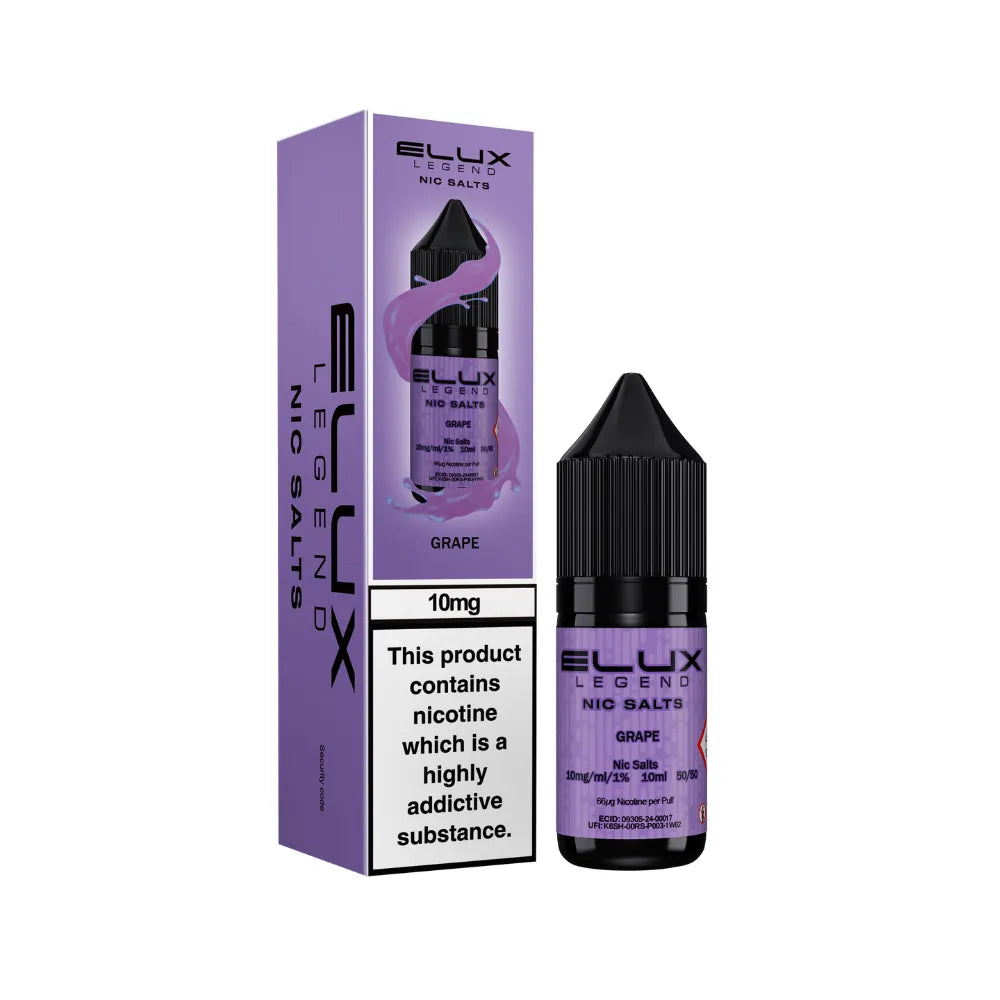 Elux Legend Nic Salts Grape e-liquid bottle and packaging on a white background
