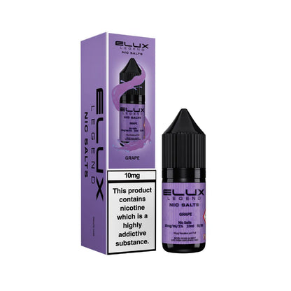 Elux Legend Nic Salts Grape e-liquid bottle and packaging on a white background