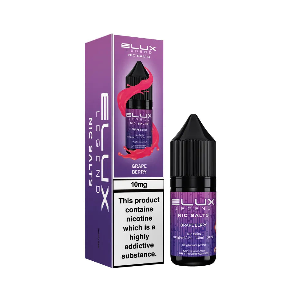 Ellux Legend Nic Salts Grape Berry vape juice bottle and packaging on a white background