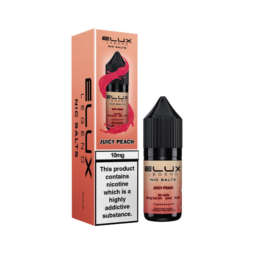 Elux Legend Nic Salts Juicy Peach vape juice bottle and packaging on a white background