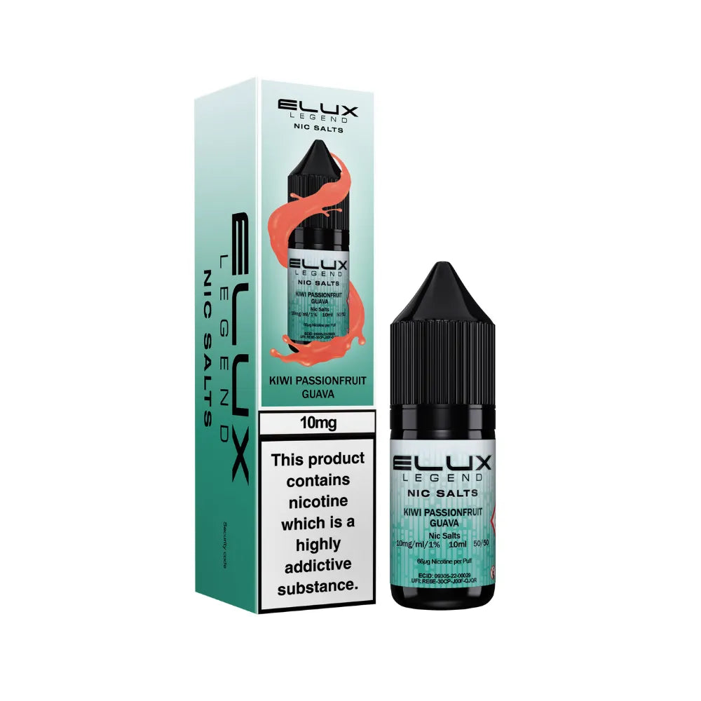 Elux Legend Nic Salts kiwi passionfruit guava bottle and packaging on a white background
