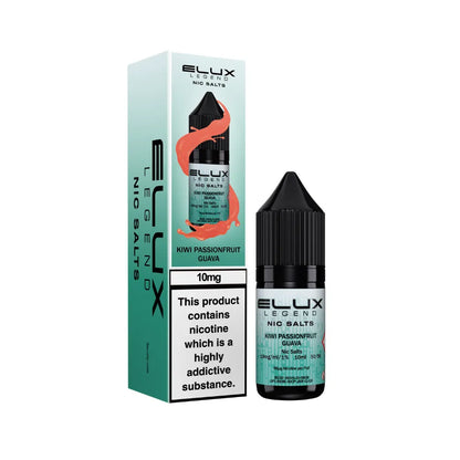 Elux Legend Nic Salts kiwi passionfruit guava bottle and packaging on a white background