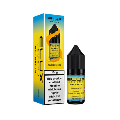 Elux Legend Nic Salts Pineapple Ice vape juice bottle and packaging on a white background