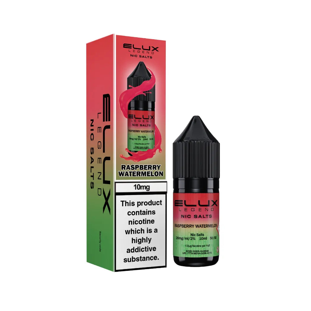 ELlux Legend Nic Salts Raspberry Watermelon vape juice bottle and packaging on a white background
